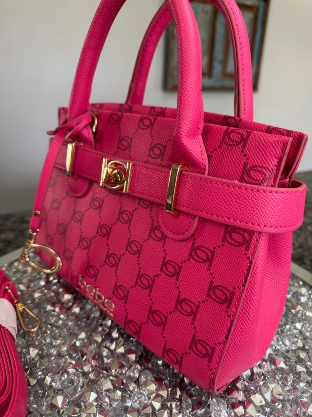 bebe Hot Pink Logo small Satchel with Gold-Tone Hardware and crossbody strap - Picture 4 of 16